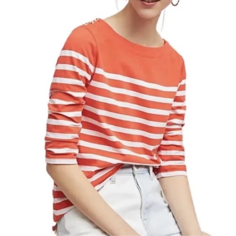 Anthropologie Maeve Bonnie Boatneck Orange Striped Tee NWOT Small